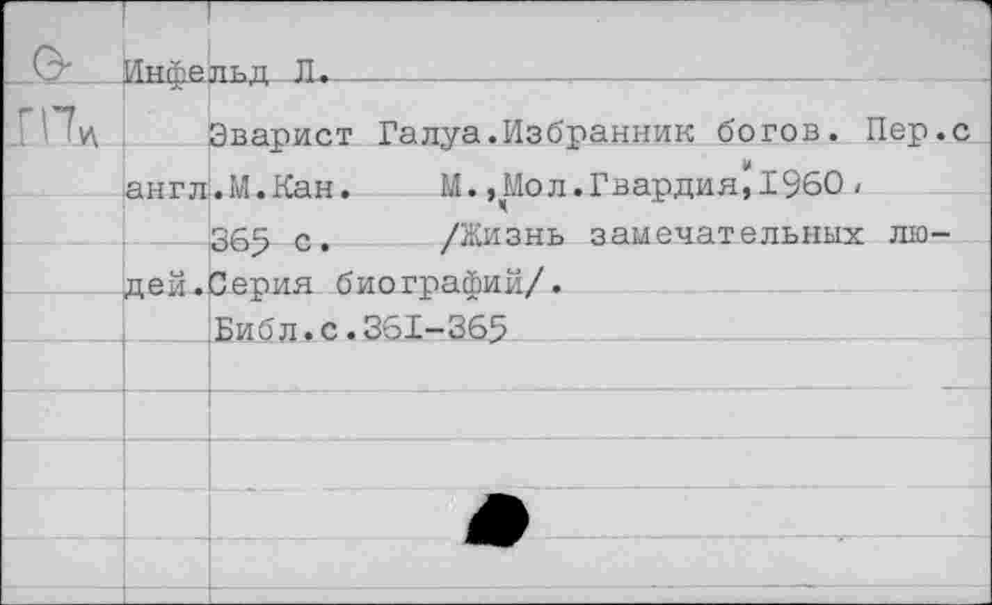 ﻿Эварист Галуа.Избранник богов. Пер.с англ.М.Кан.	М.,Мол.Гвардия,1960<
365 с.	/Жизнь замечательных лю-
дей.Серия биографий/.
Библ.с.361-365